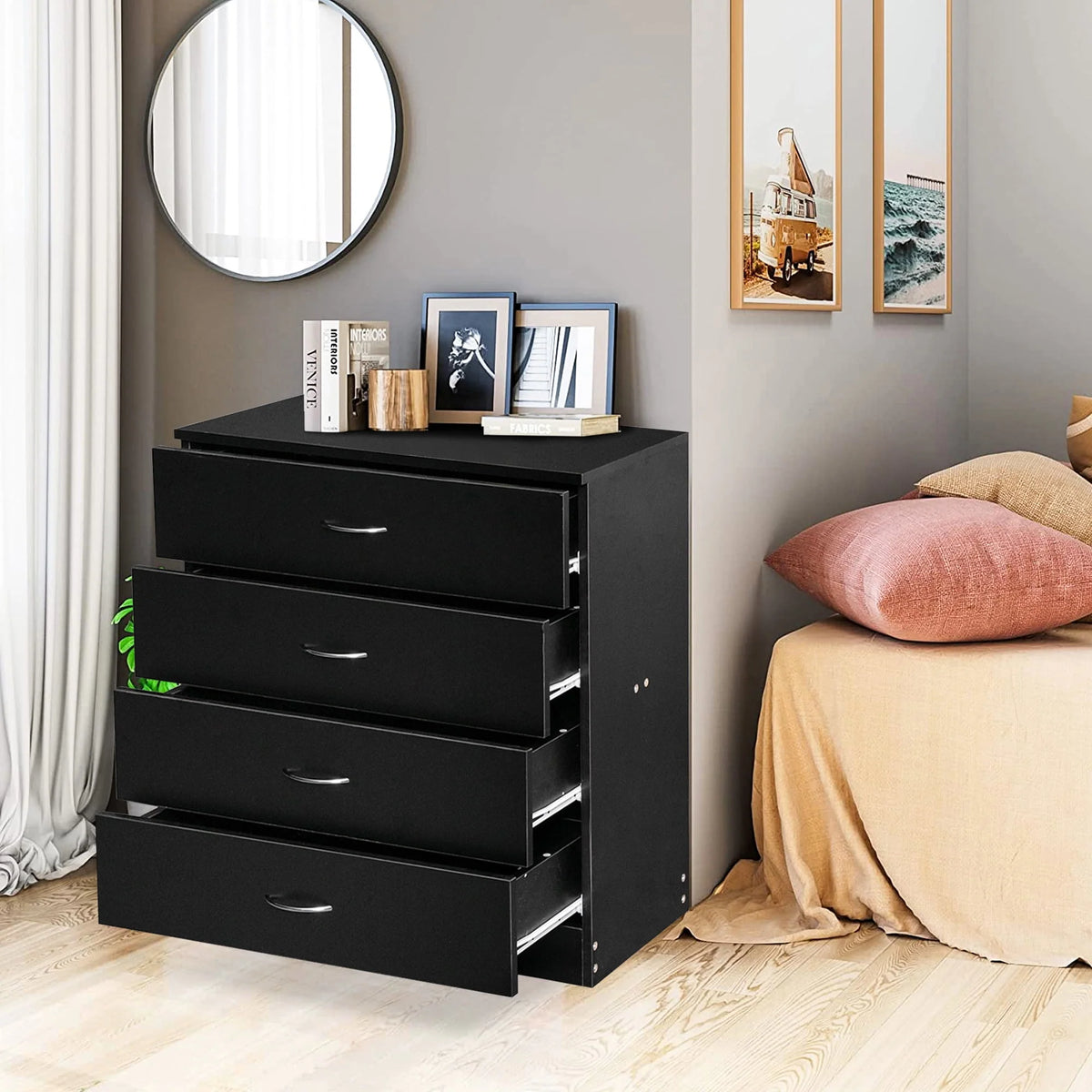 Black 4 Drawer Wood Dresser C753
