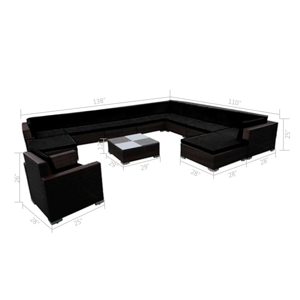 12 Piece Cushioned Patio Conversation Set with Ottomans and Tea Table Black Poly Rattan Q82657