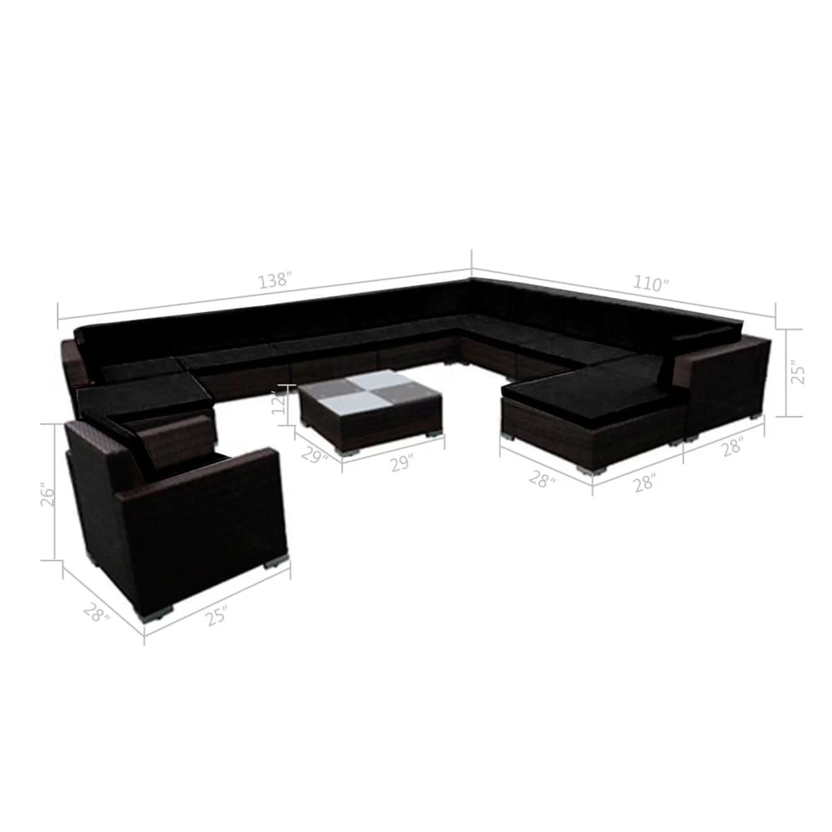 12 Piece Cushioned Patio Conversation Set with Ottomans and Tea Table Black Poly Rattan Q82657