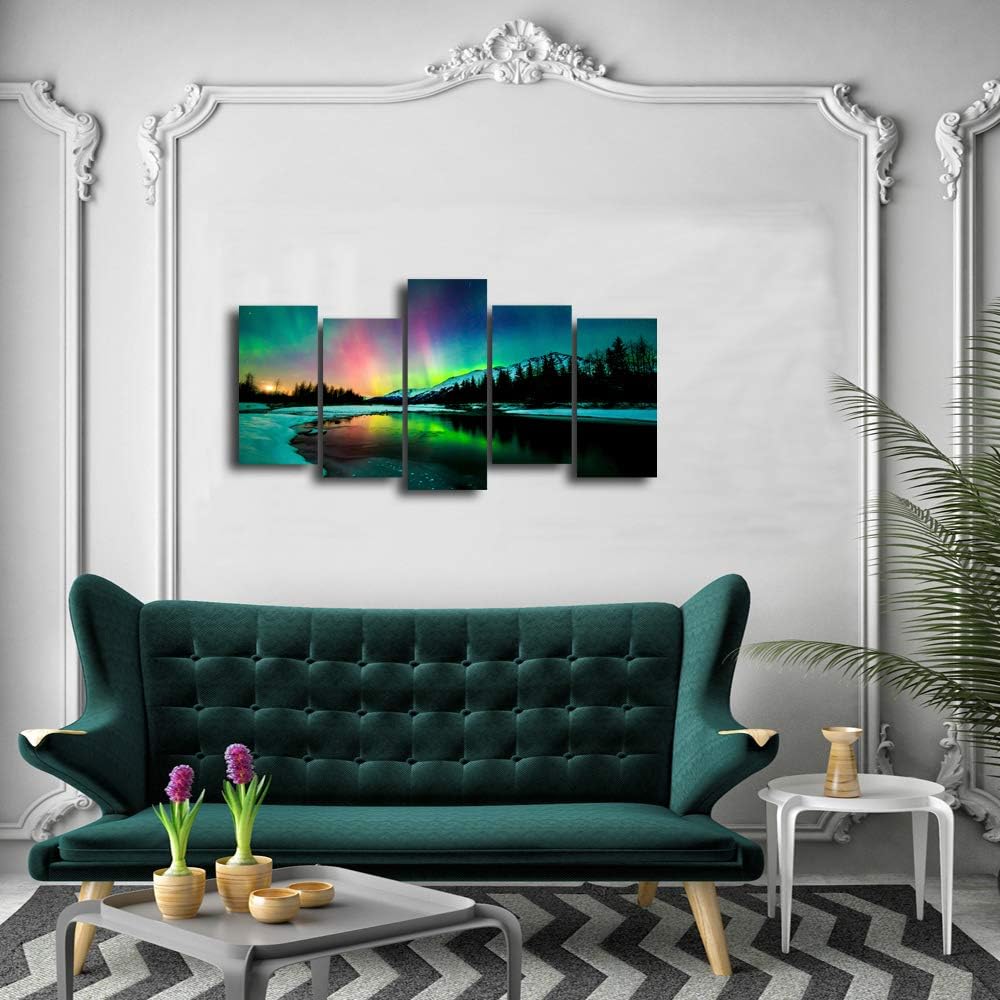 5 Pieces Green Aurora Borealis Scenery Canvas Prints Ready to Hang O33379