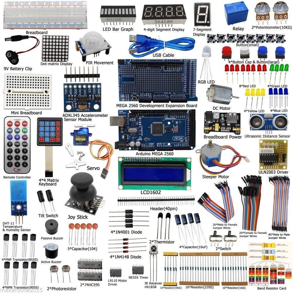 Mega2560 LCD1602 Servo Stepper Motor Sensors Breadboard Jumper Wire Resistor Capacitor Transistor STEM Electronic Projects Starter Kit C890