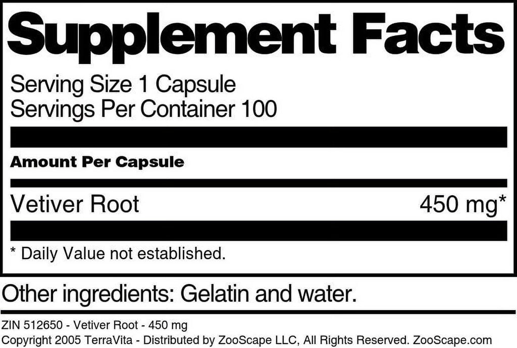 Vetiver Root 450 mg 100 Capsules Q9921