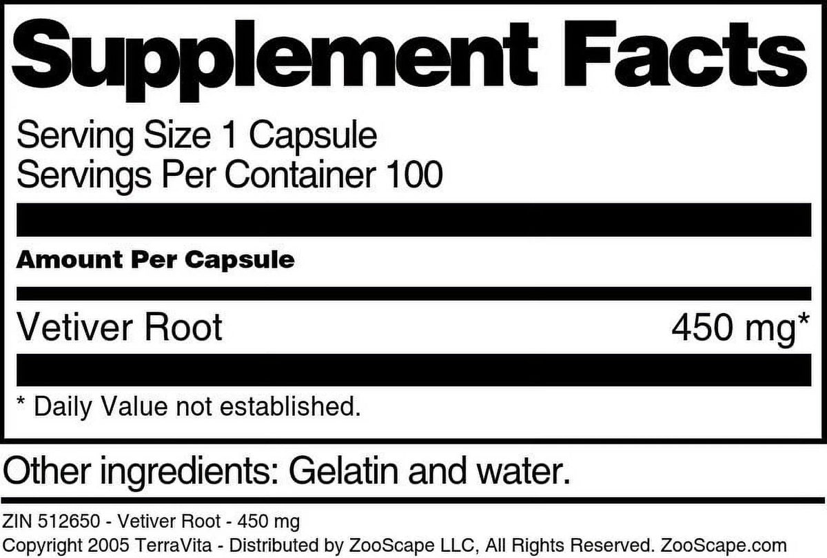 Vetiver Root 450 mg 100 Capsules Q9921