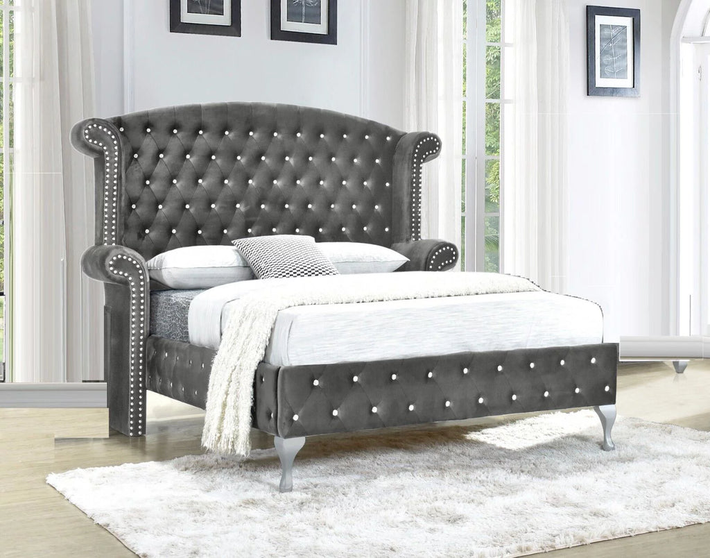 King Size Bed Dresser Mirror Nightstand Set Gray Velvet U284169