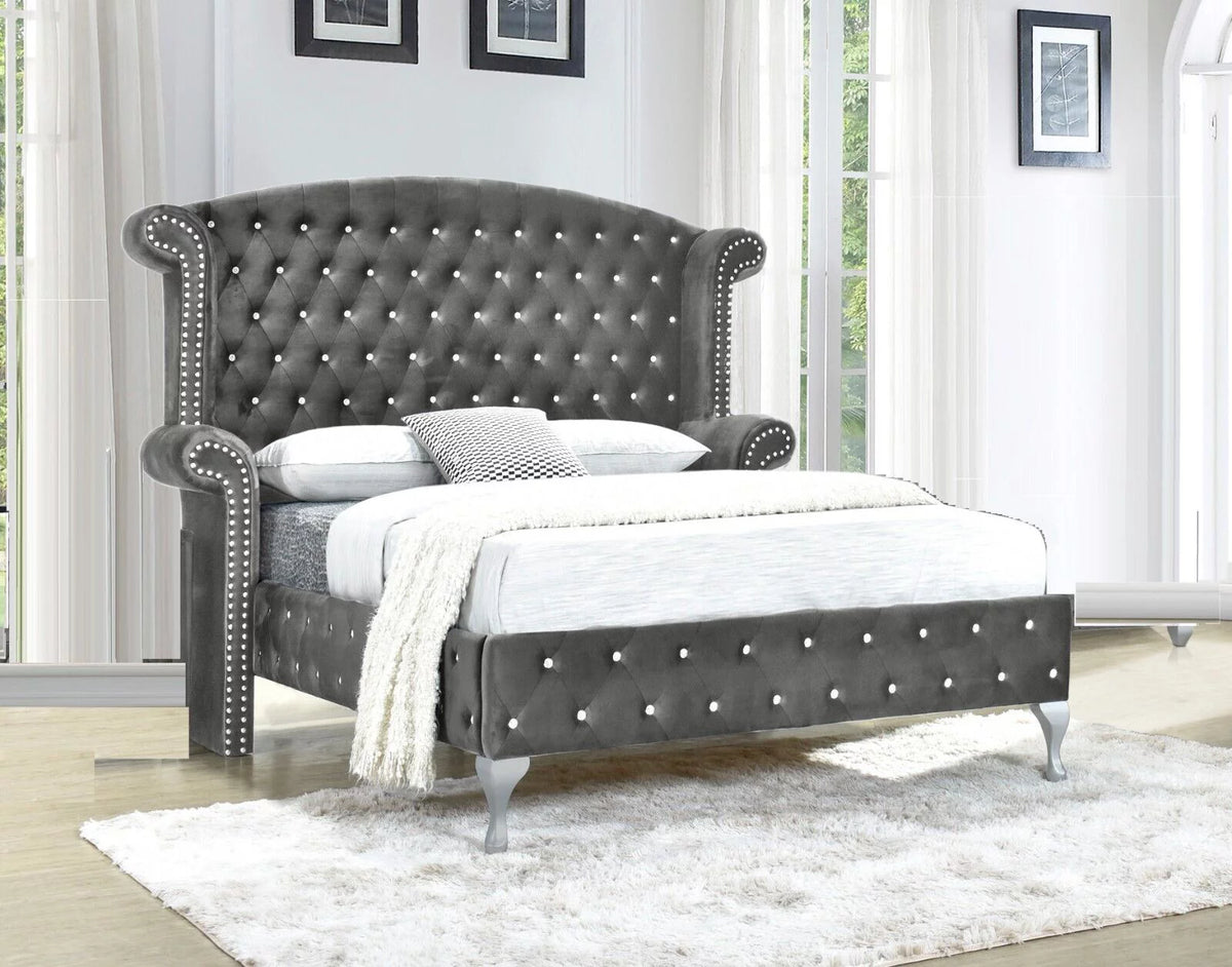 King Size Bed Dresser Mirror Nightstand Set Gray Velvet U284169