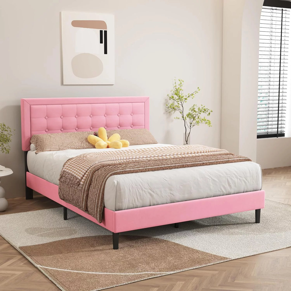 Velvet Upholstered Platform Bed Frame Queen Size with Button Tufting Headboard R67699