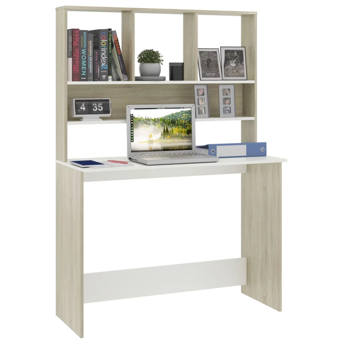 White and Sonoma Oak Engineered Wood Desk with Shelves Q898