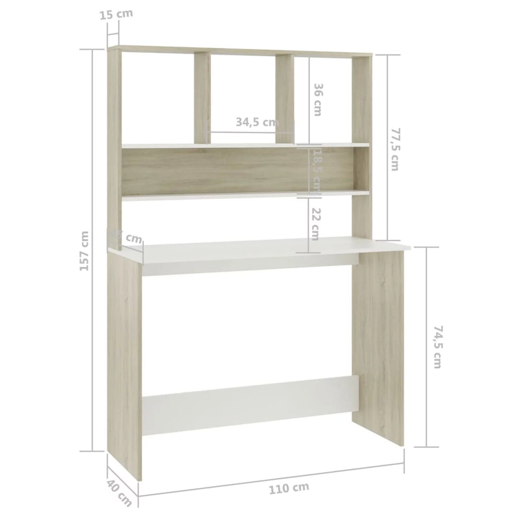 White and Sonoma Oak Engineered Wood Desk with Shelves Q898