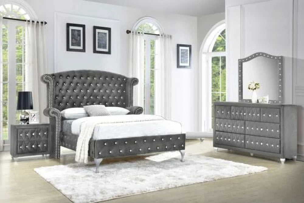 King Size Bed Dresser Mirror Nightstand Set Gray Velvet U284169