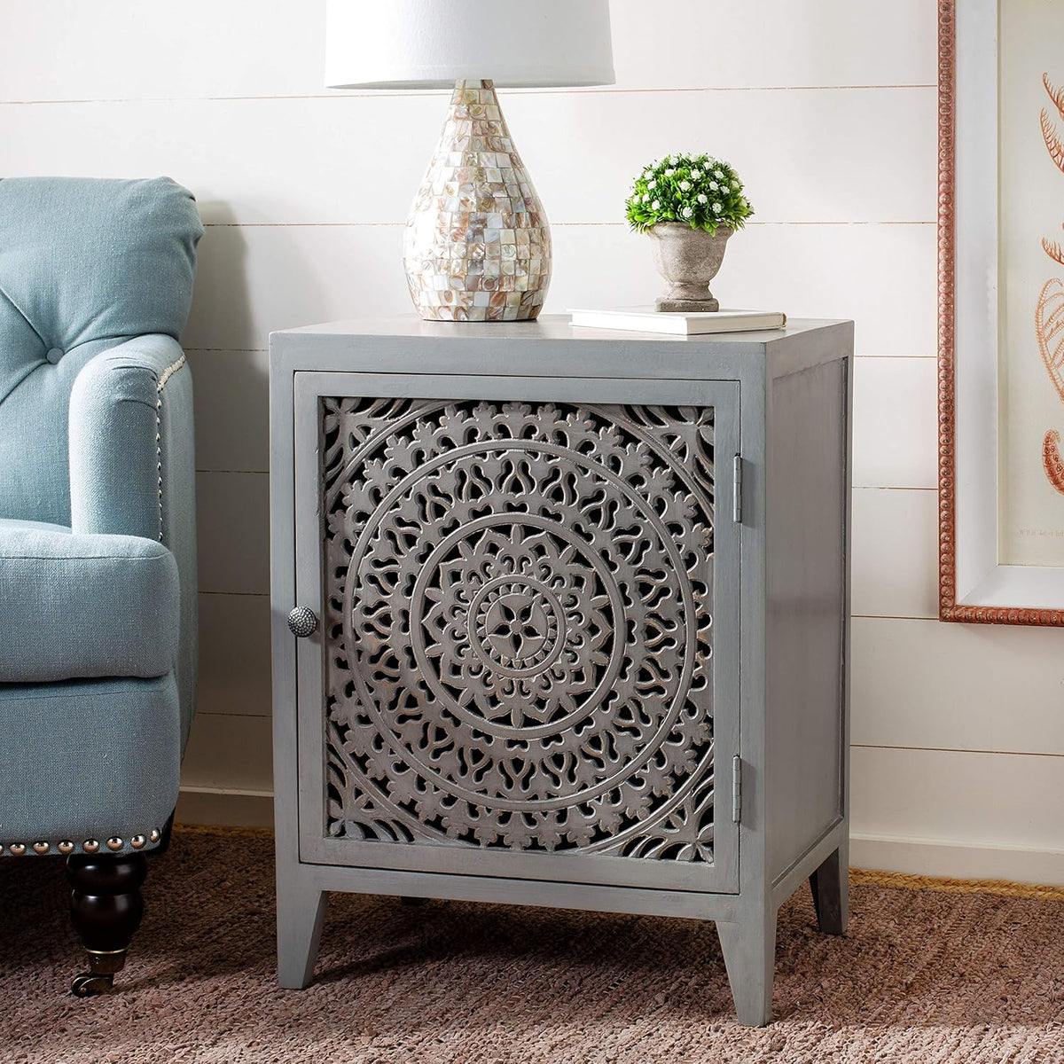 Grey Walnut 1-door Carved Nightstand U282