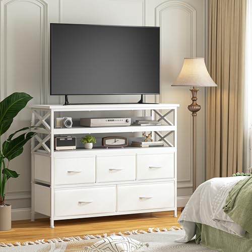 Rustic Brown Dresser TV Stand with 5 Fabric Drawers E46561