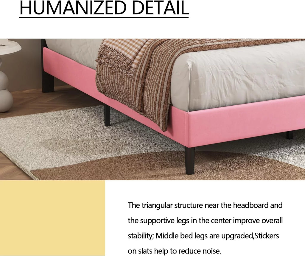 Velvet Upholstered Platform Bed Frame Queen Size with Button Tufting Headboard R67699