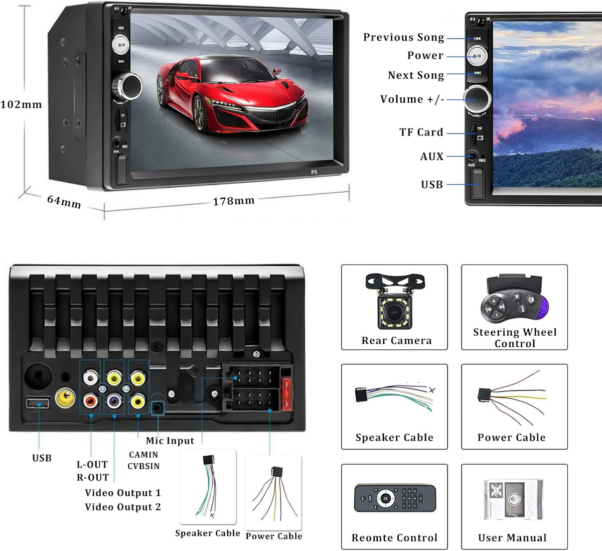 Double Din Bluetooth 7 Touch Screen Car Radio with Remote Control F9394