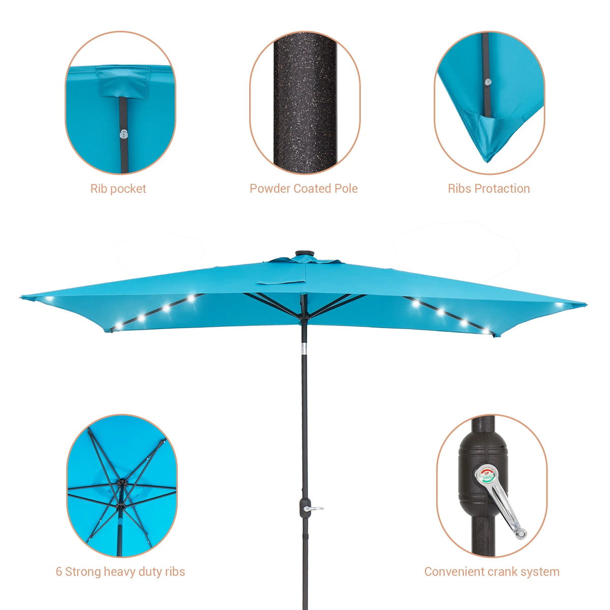 10 x 6.5ft LED Rectangle Outdoor Patio Umbrella with Polyester Canopy, Lake Blue I6849