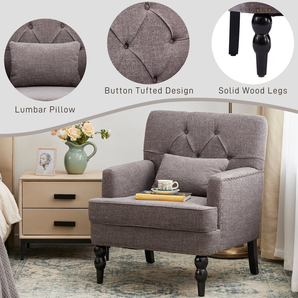 Grey Linen Upholstered Accent Chair with Lumbar Pillow C445073