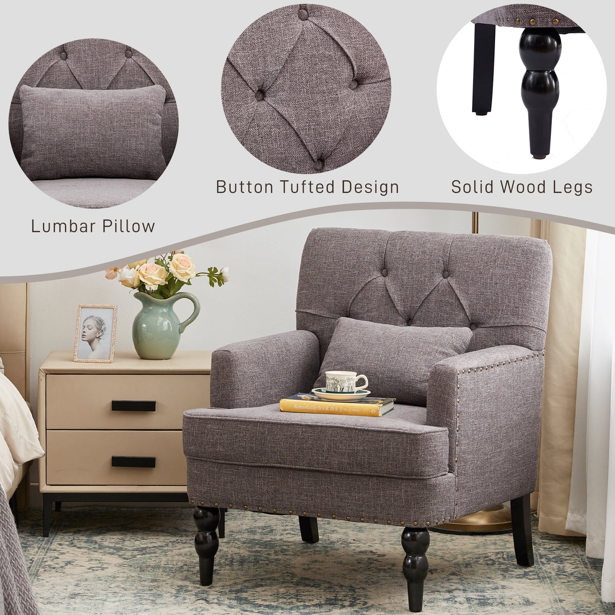 Grey Linen Upholstered Accent Chair with Lumbar Pillow C445073