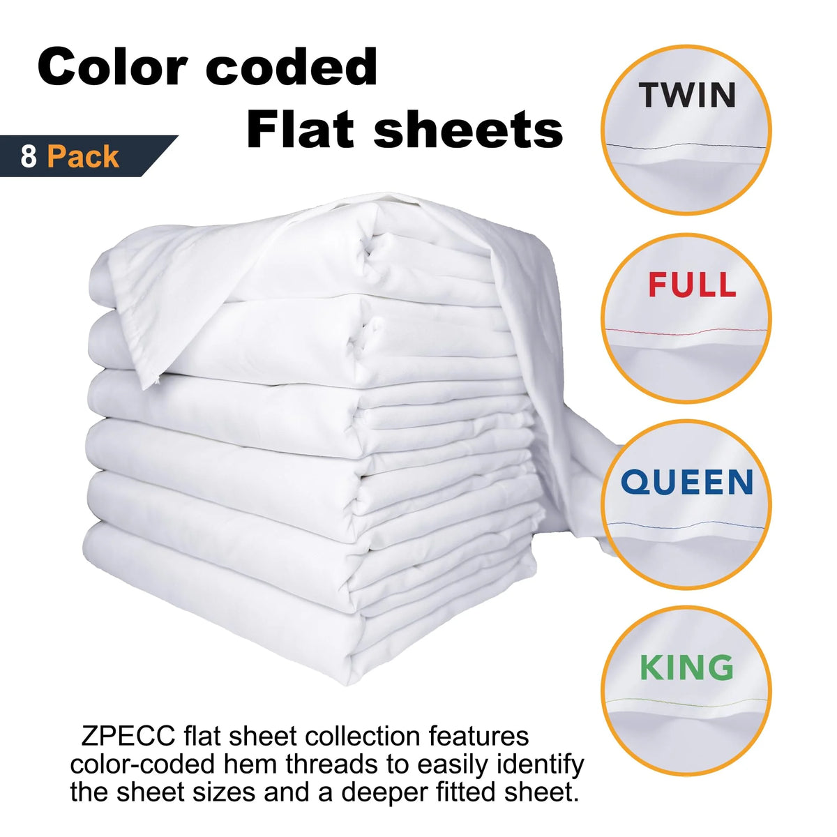 8 Pack Twin White Flat Sheets with Color Hems W4495