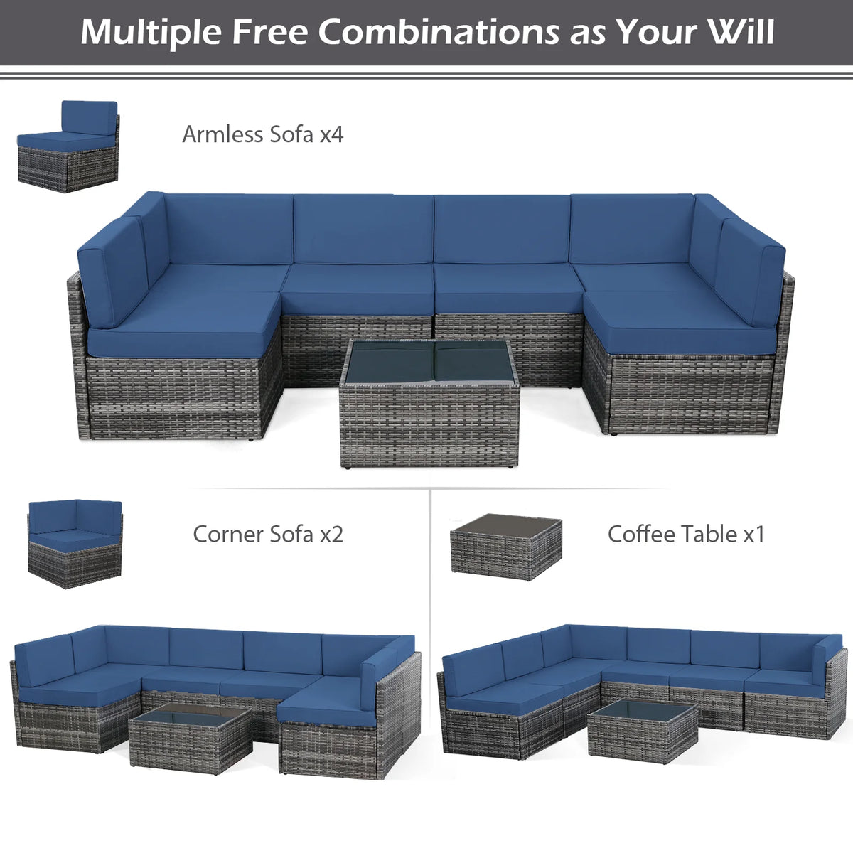 7 Piece Rattan Wicker Sectional Sofa Set with Table M996315