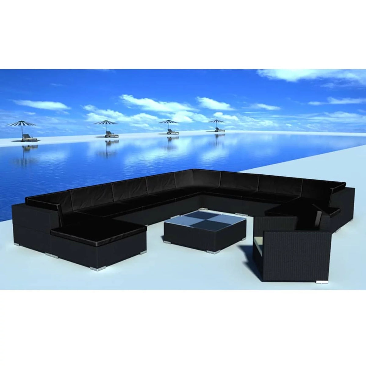 12 Piece Cushioned Patio Conversation Set with Ottomans and Tea Table Black Poly Rattan Q82657