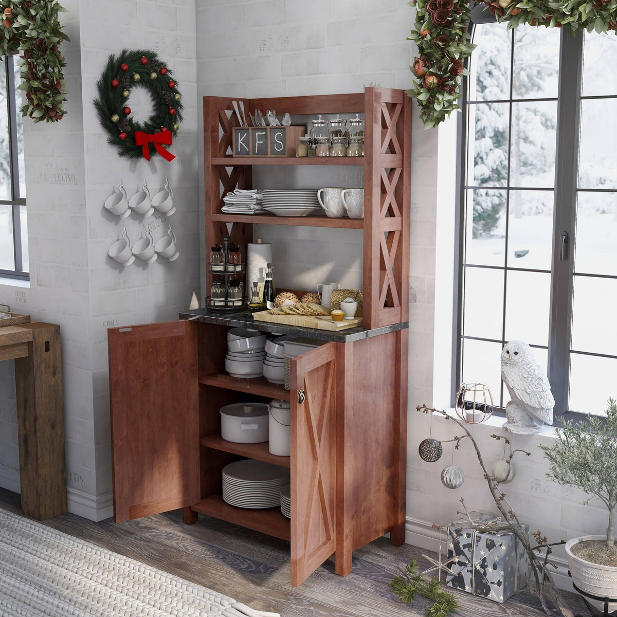 Rustic Walnut Kitchen Storage Hutch N3778