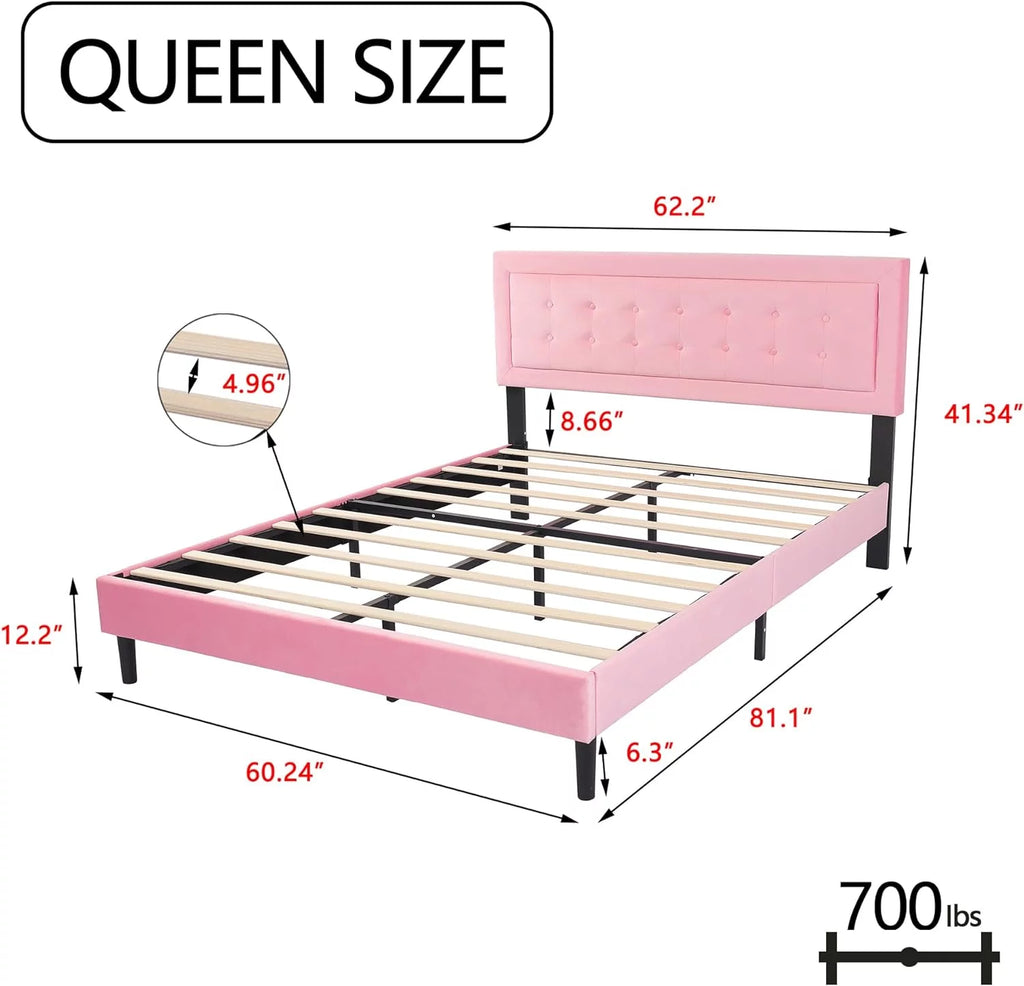 Velvet Upholstered Platform Bed Frame Queen Size with Button Tufting Headboard R67699