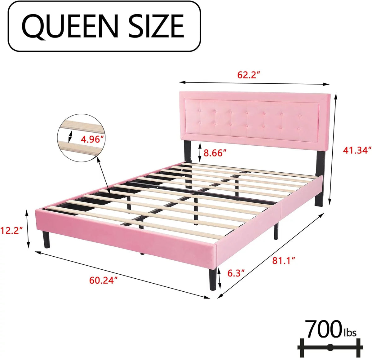 Velvet Upholstered Platform Bed Frame Queen Size with Button Tufting Headboard R67699