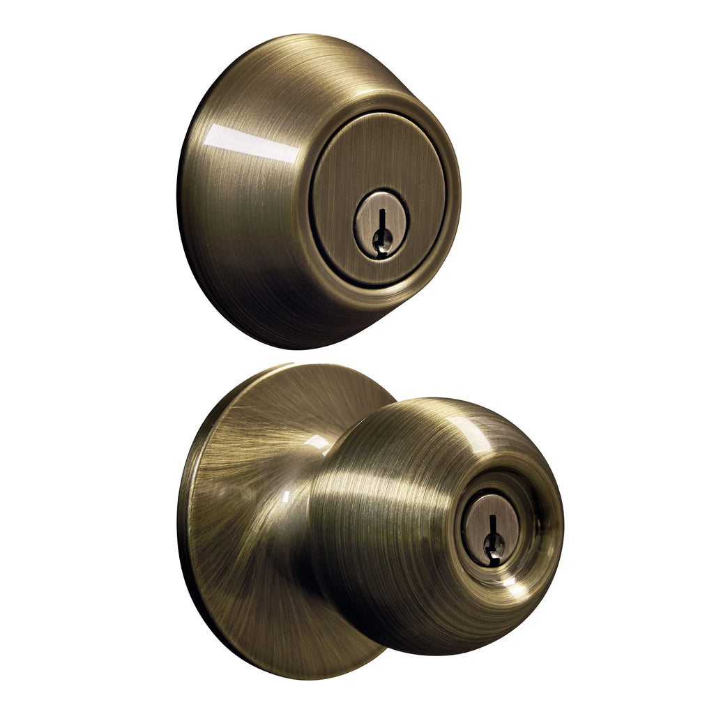 Antique Brass Ball Doorknob and Deadbolt Combo Pack U8116
