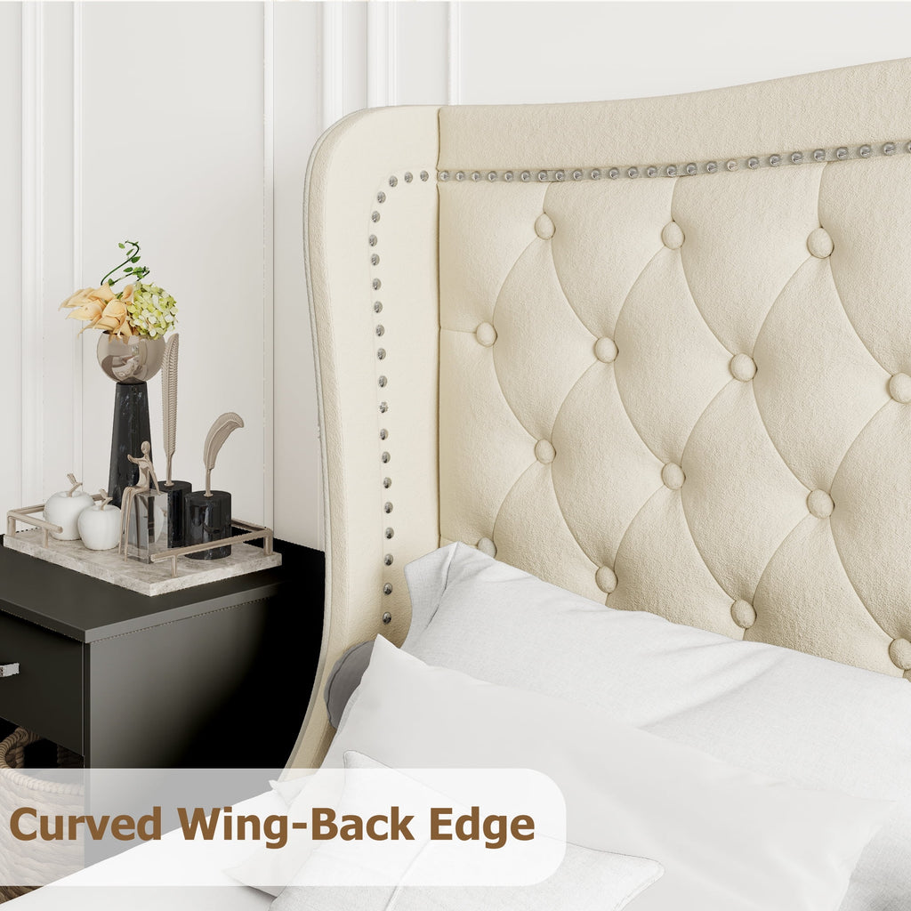 King Bed Frame with Wing-Back Button Tufted Upholstered Headboard L927