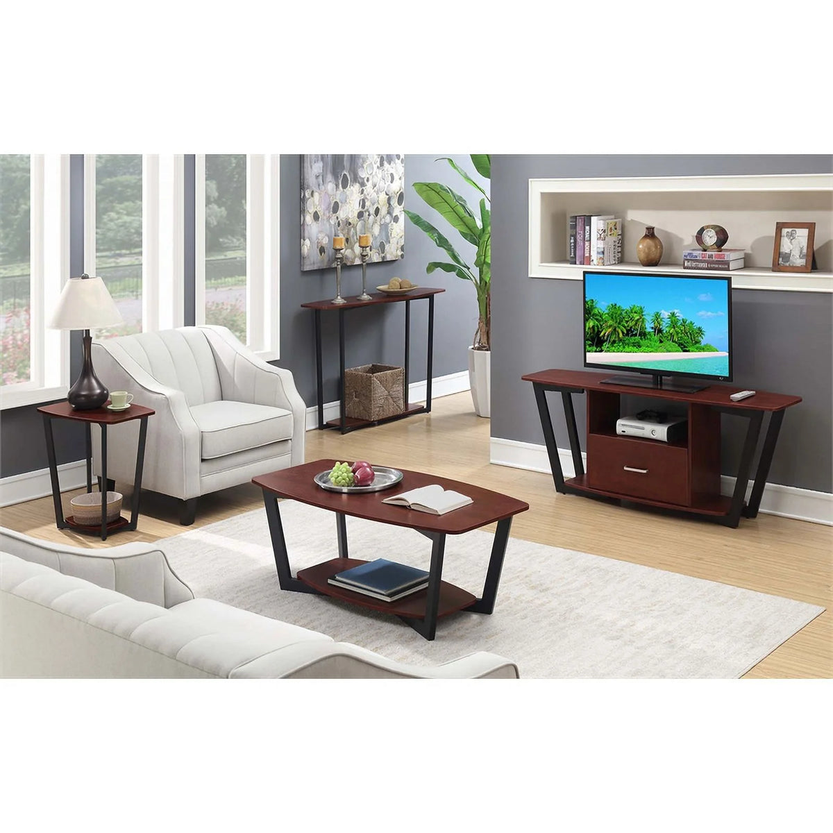 Cherry Wood and Black Metal End Table B33457