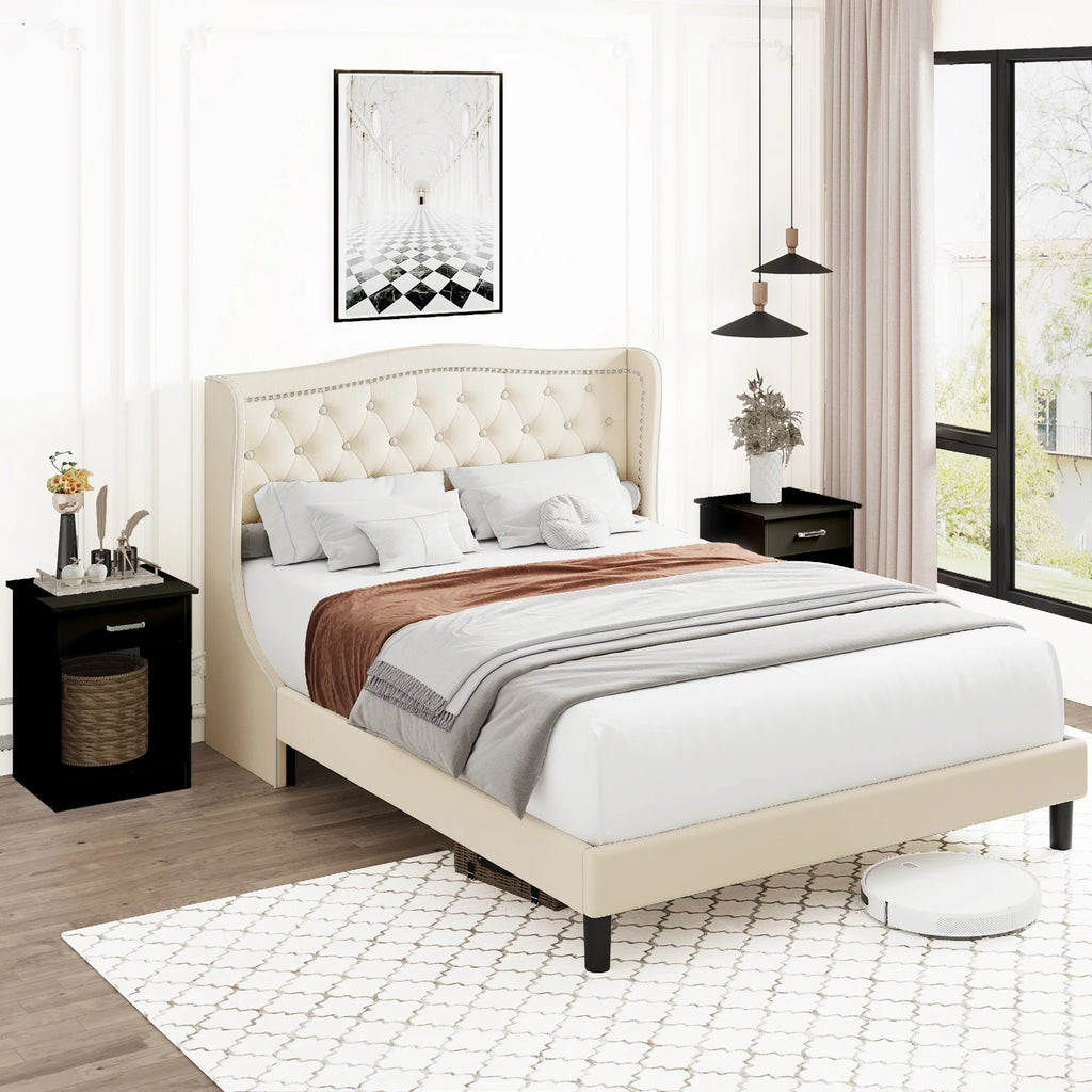 King Bed Frame with Wing-Back Button Tufted Upholstered Headboard L927