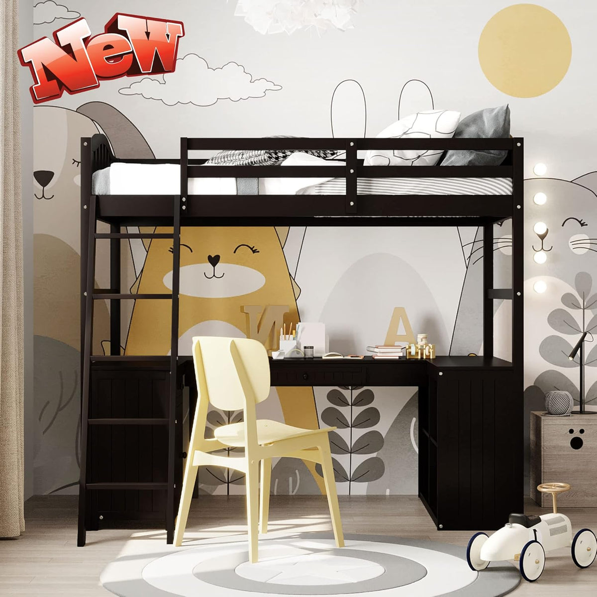 Twin Loft Bed with Desk Solid Wood Storage Drawers Cabinet Shelves Espresso E823