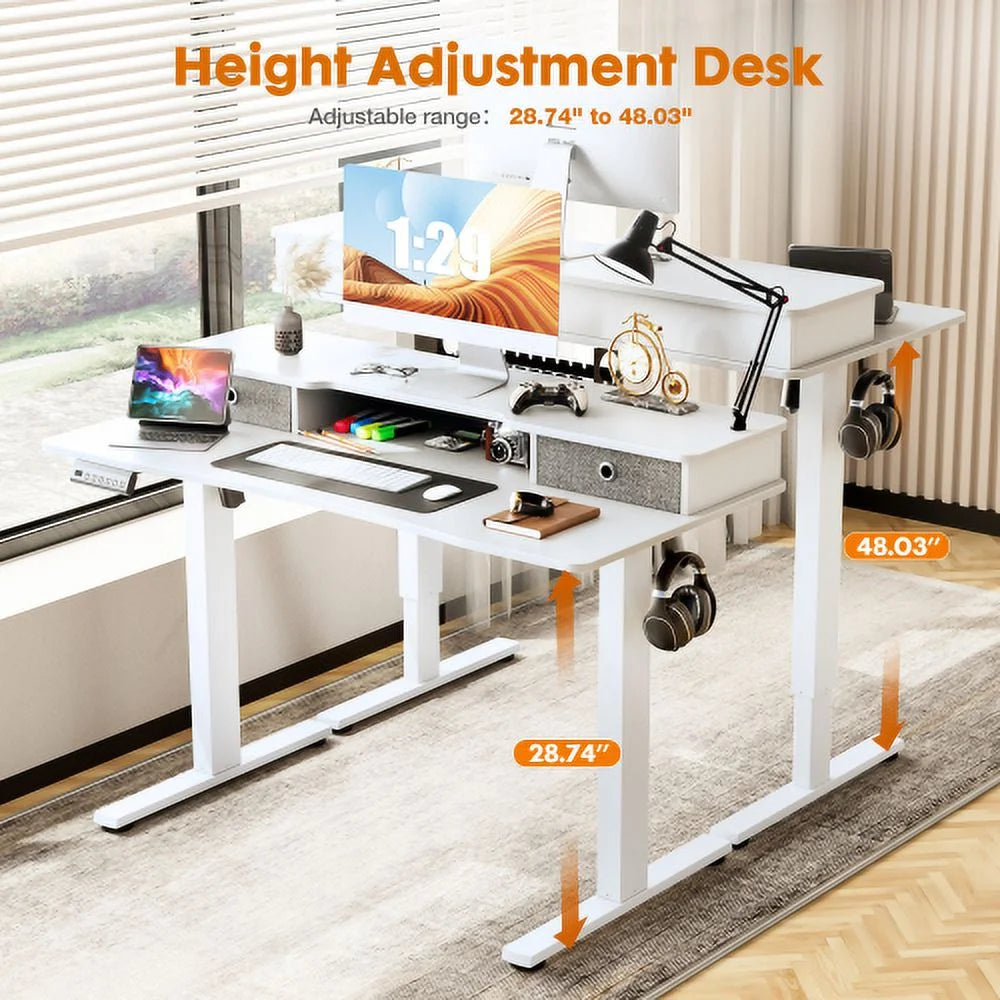 Height Adjustable Electric Standing Desk with Storage Shelf Double Drawer White W41784