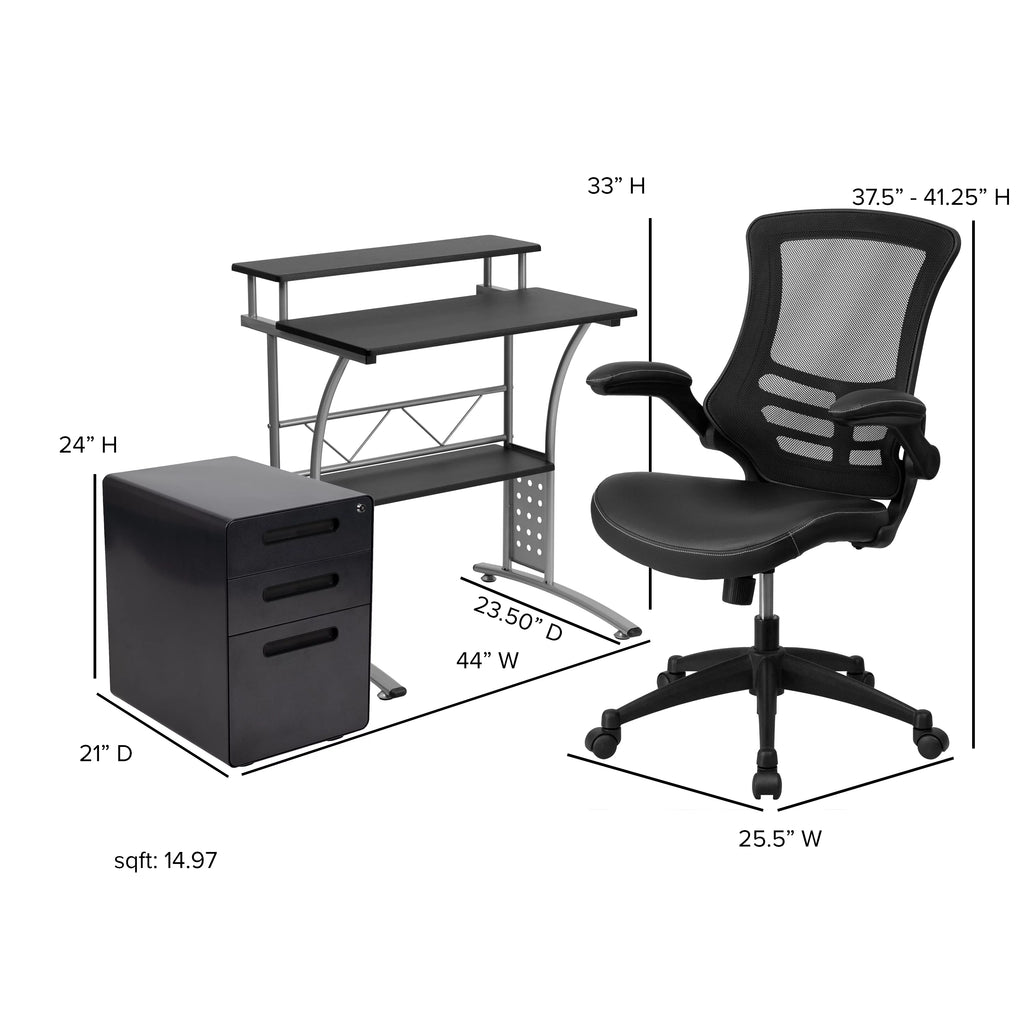 Black Computer Desk, Ergonomic Mesh Office Chair and Locking Mobile Filing Cabinet C2996