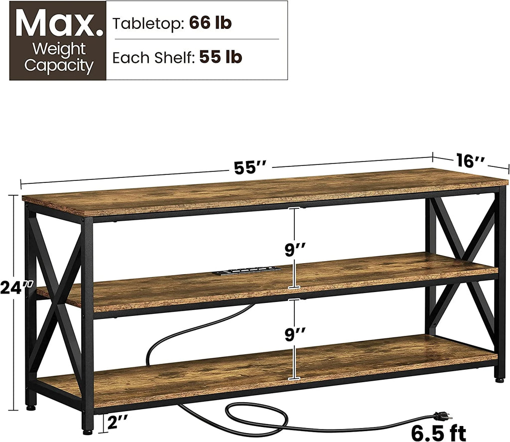 Rustic Brown 65 inch TV Stand with Power Outlets V4559