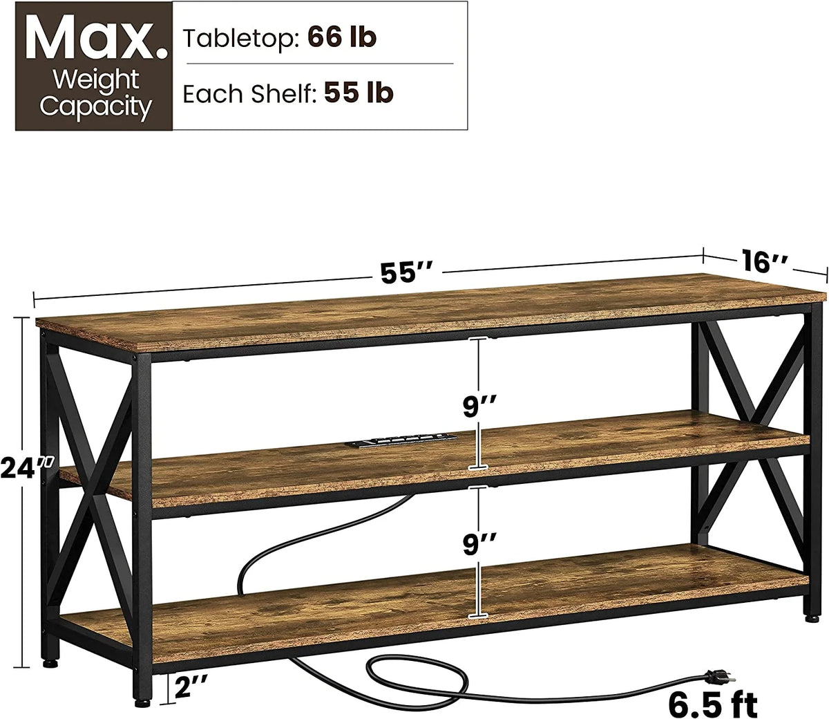 Rustic Brown 65 inch TV Stand with Power Outlets V4559