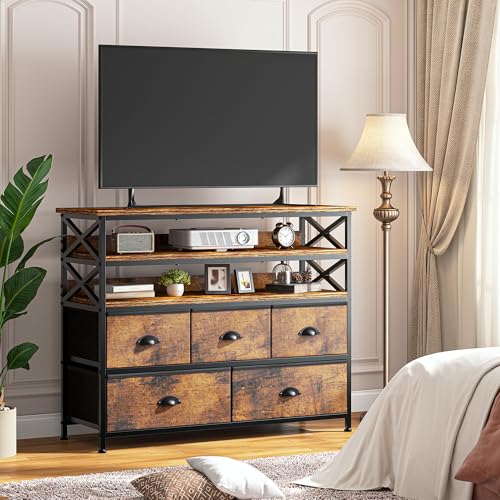 Rustic Brown Dresser TV Stand with 5 Fabric Drawers E46561