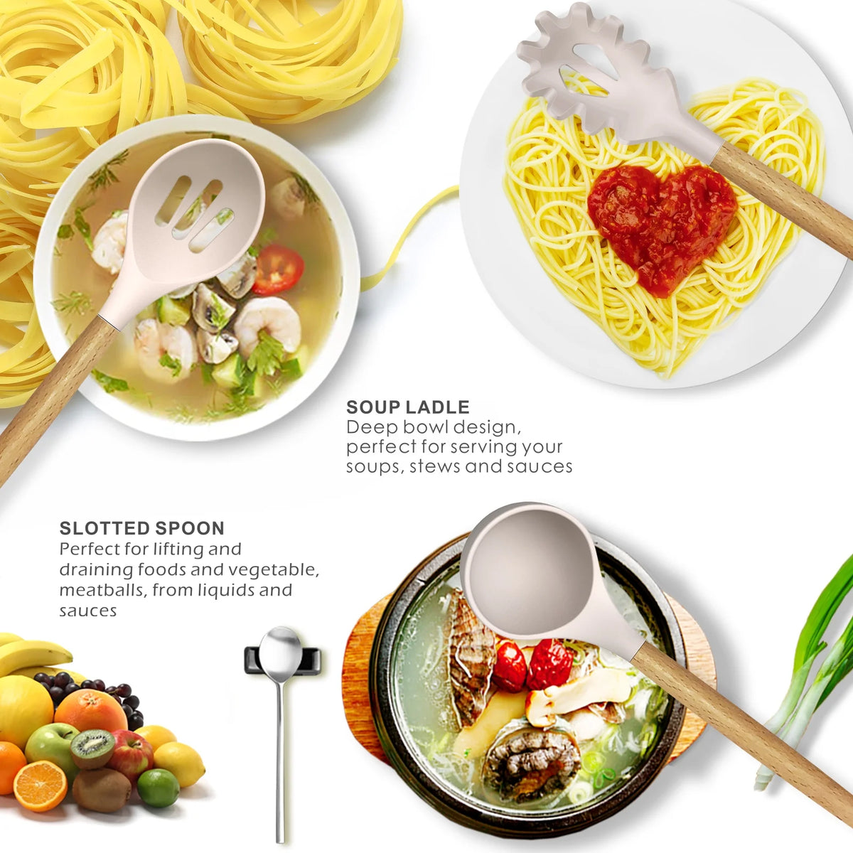 Silicone Cooking Utensils Set Wooden Handles Non-Stick Cookware M111443