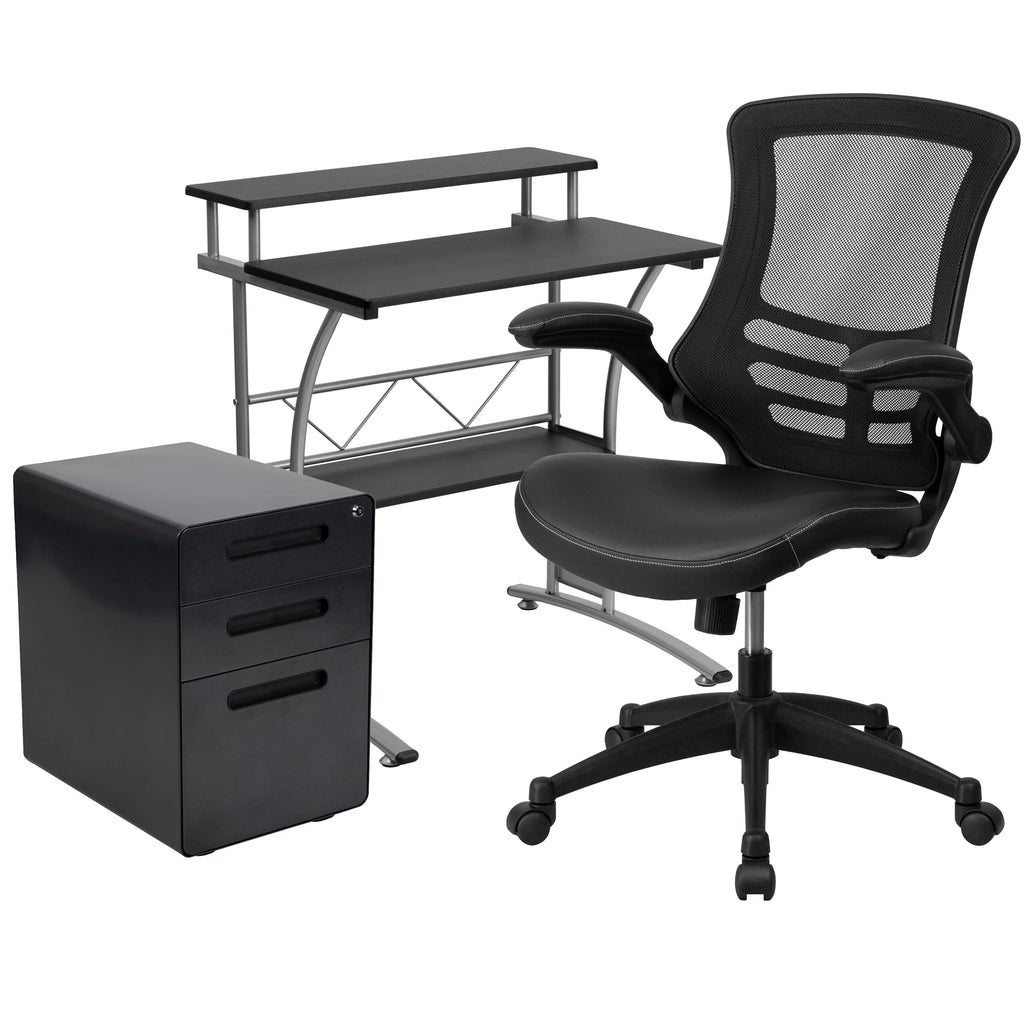 Black Computer Desk, Ergonomic Mesh Office Chair and Locking Mobile Filing Cabinet C2996