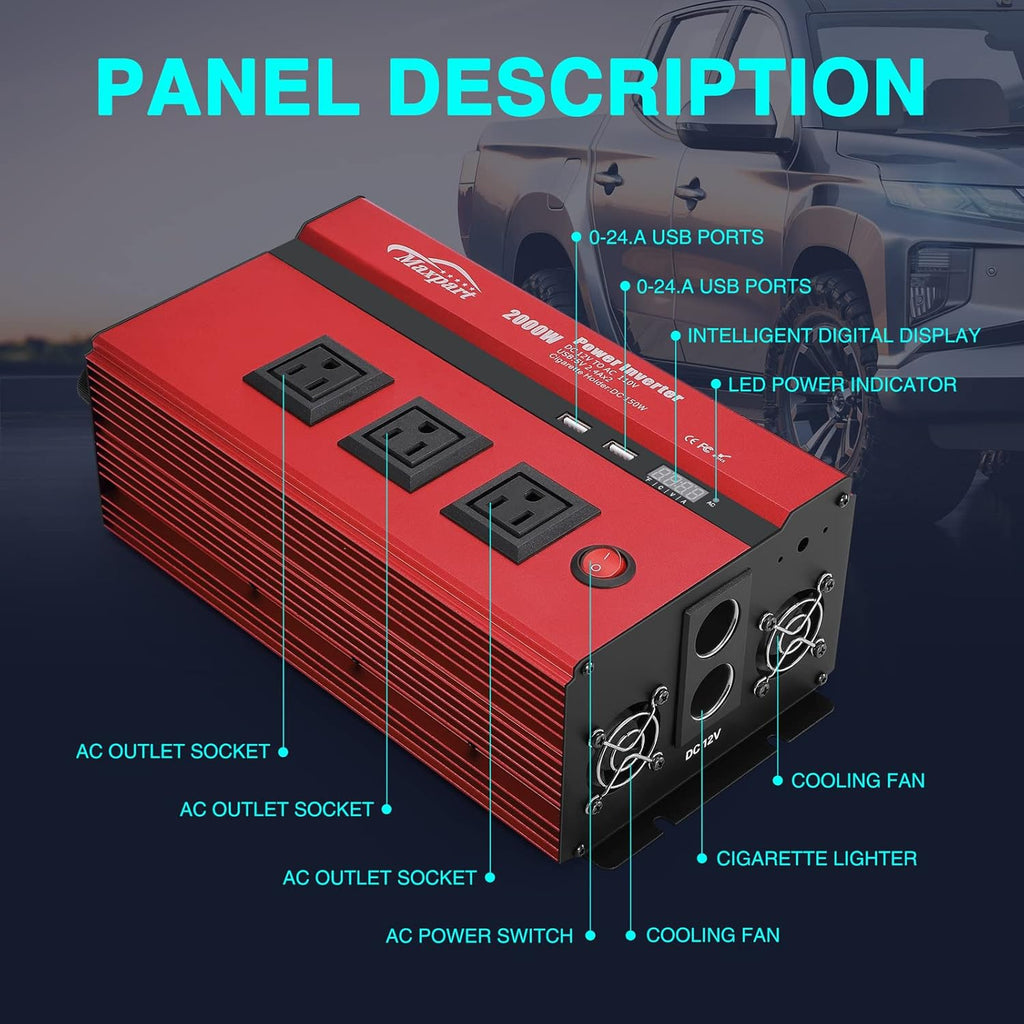 2000W Power Inverter 12v DC to 110v AC Converter with 3 AC Outlets K5779