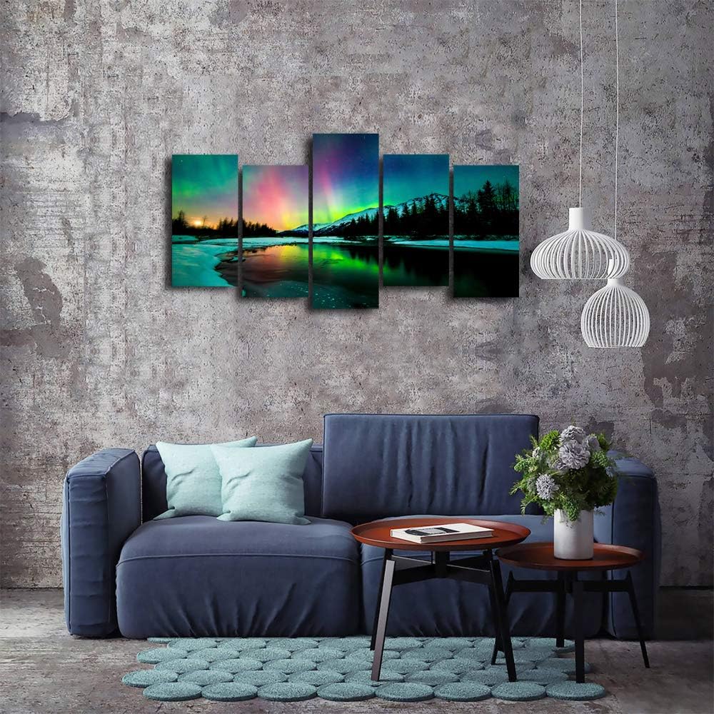 5 Pieces Green Aurora Borealis Scenery Canvas Prints Ready to Hang O33379