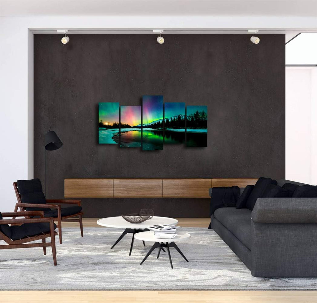 5 Pieces Green Aurora Borealis Scenery Canvas Prints Ready to Hang O33379