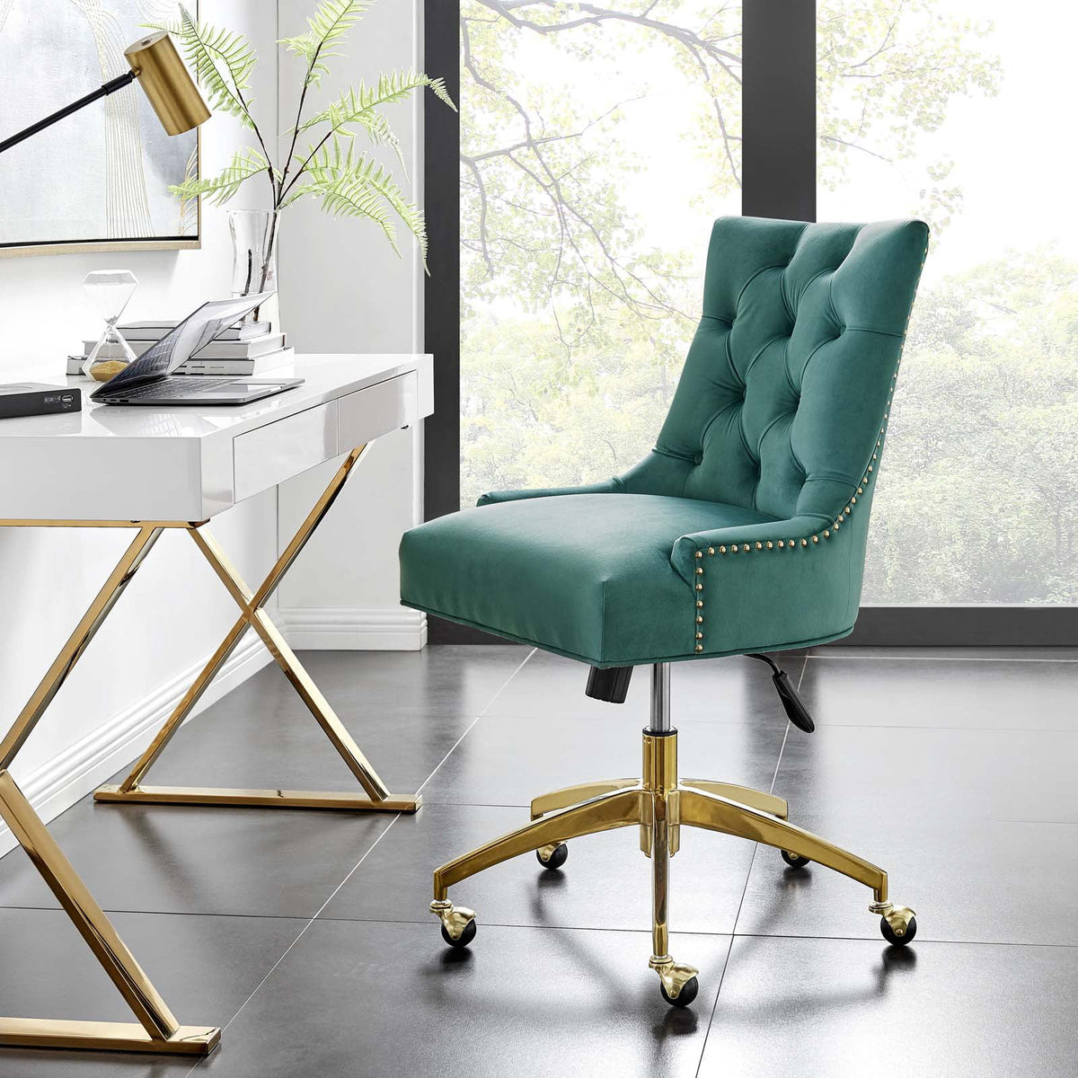 Velvet Gold Teal Blue Tufted Chair W515