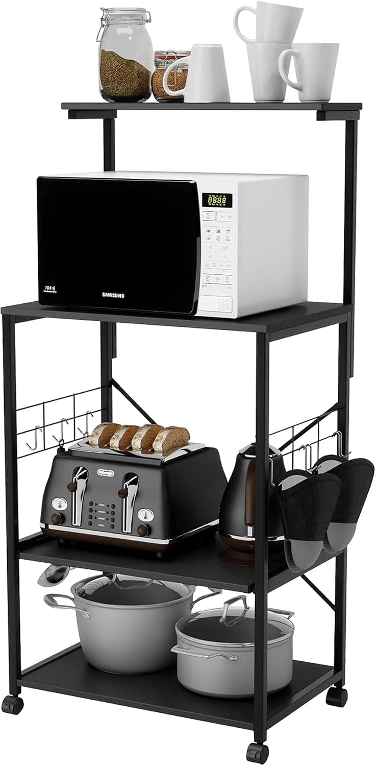 Oak 4 Tier Kitchen Rack with Storage Shelf and Rolling Cart W18779