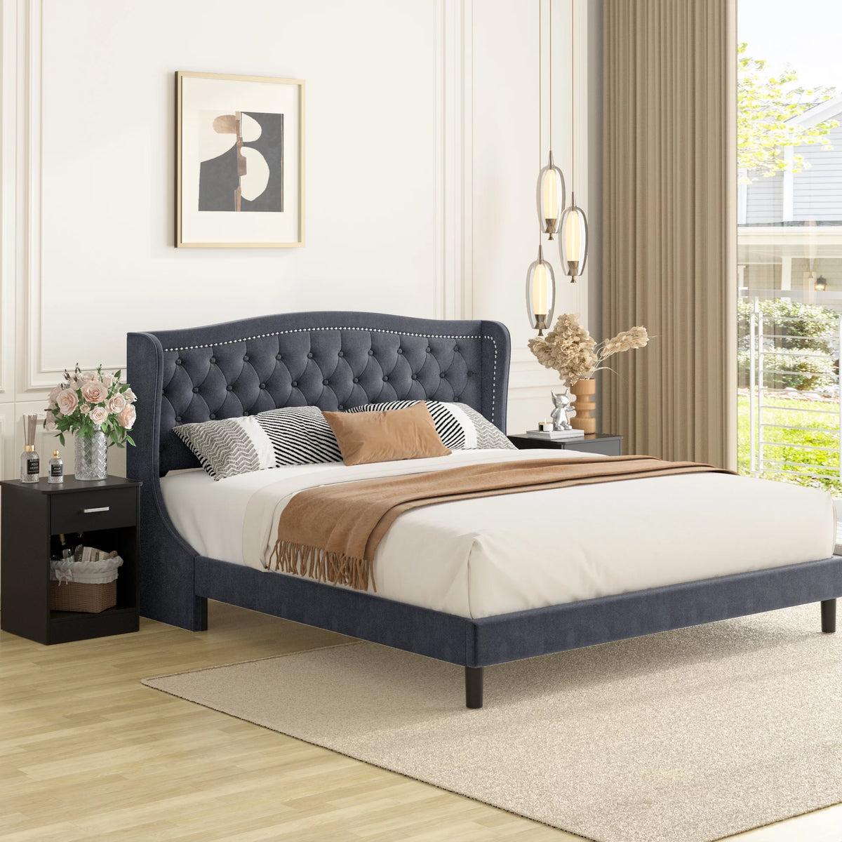 King Bed Frame with Wing-Back Button Tufted Upholstered Headboard L927