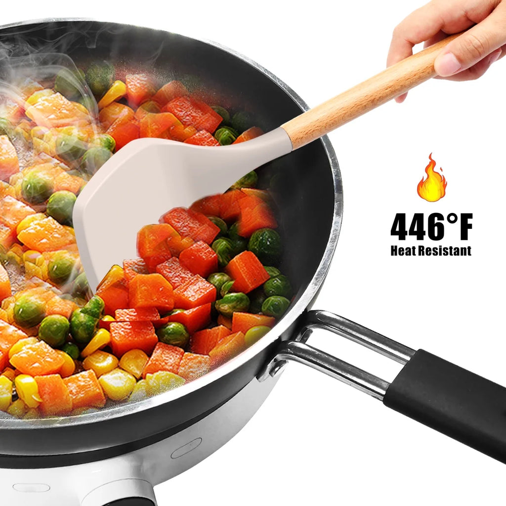 Silicone Cooking Utensils Set Wooden Handles Non-Stick Cookware M111443