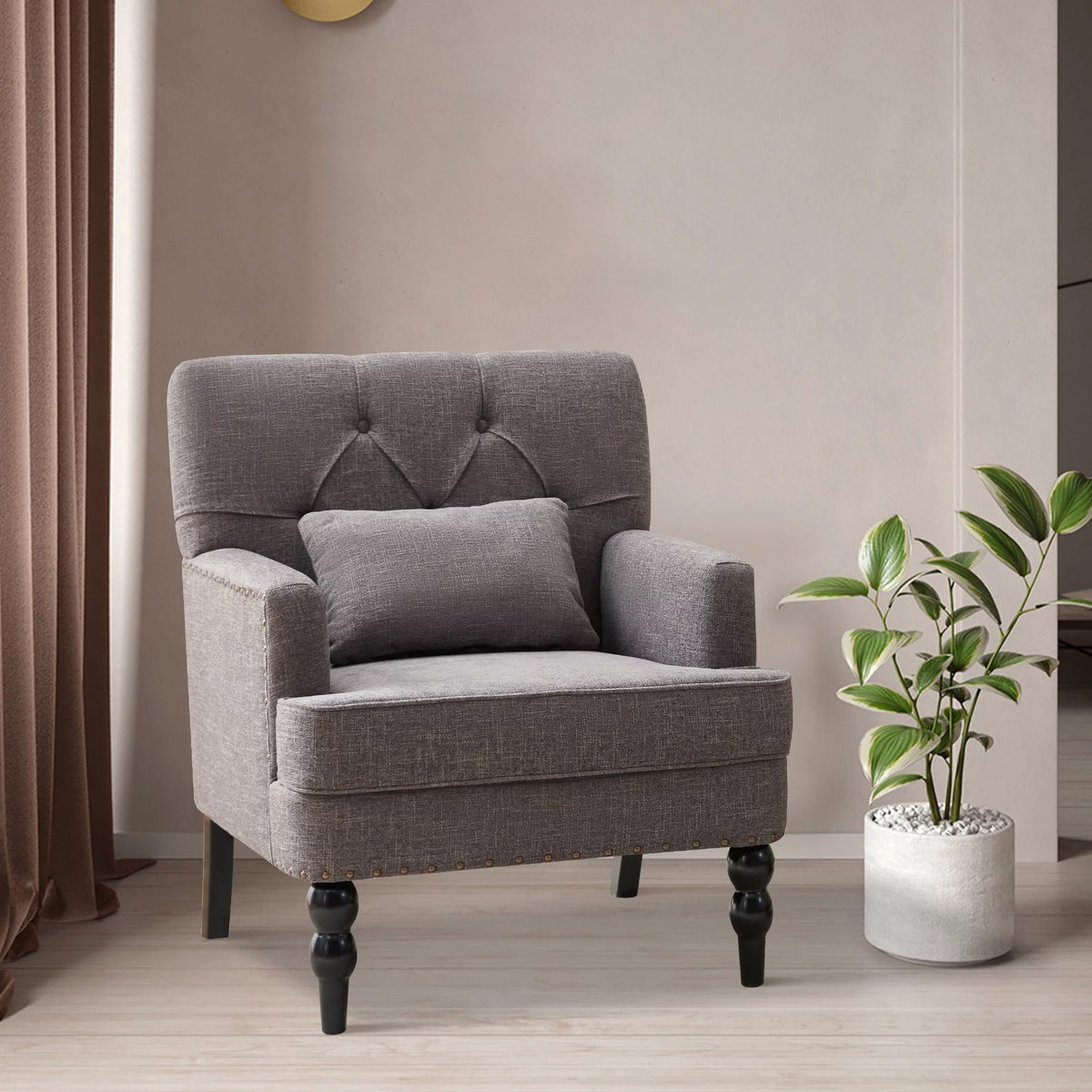 Grey Linen Upholstered Accent Chair with Lumbar Pillow C445073