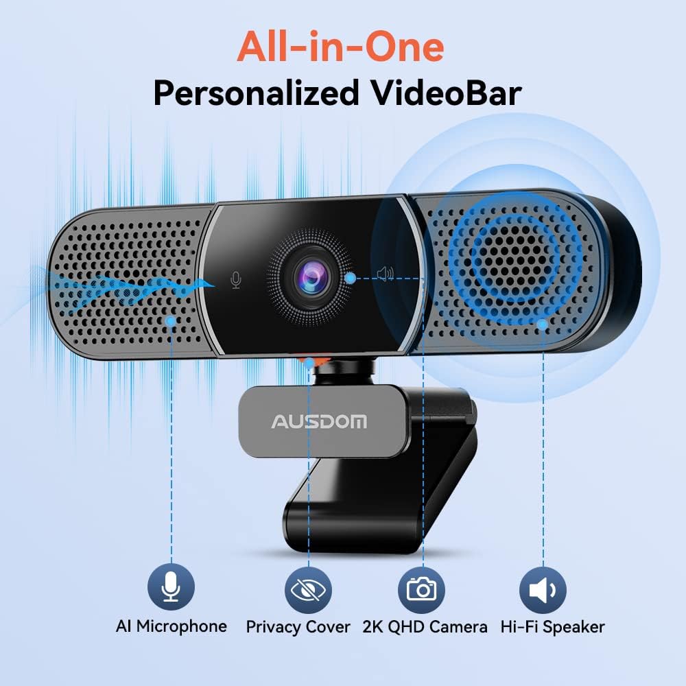 2K Webcam with Microphone and Speaker, Privacy Cover, USB Computer Camera, Pack of 2 Y47336