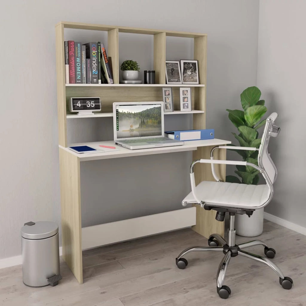 White and Sonoma Oak Engineered Wood Desk with Shelves Q898