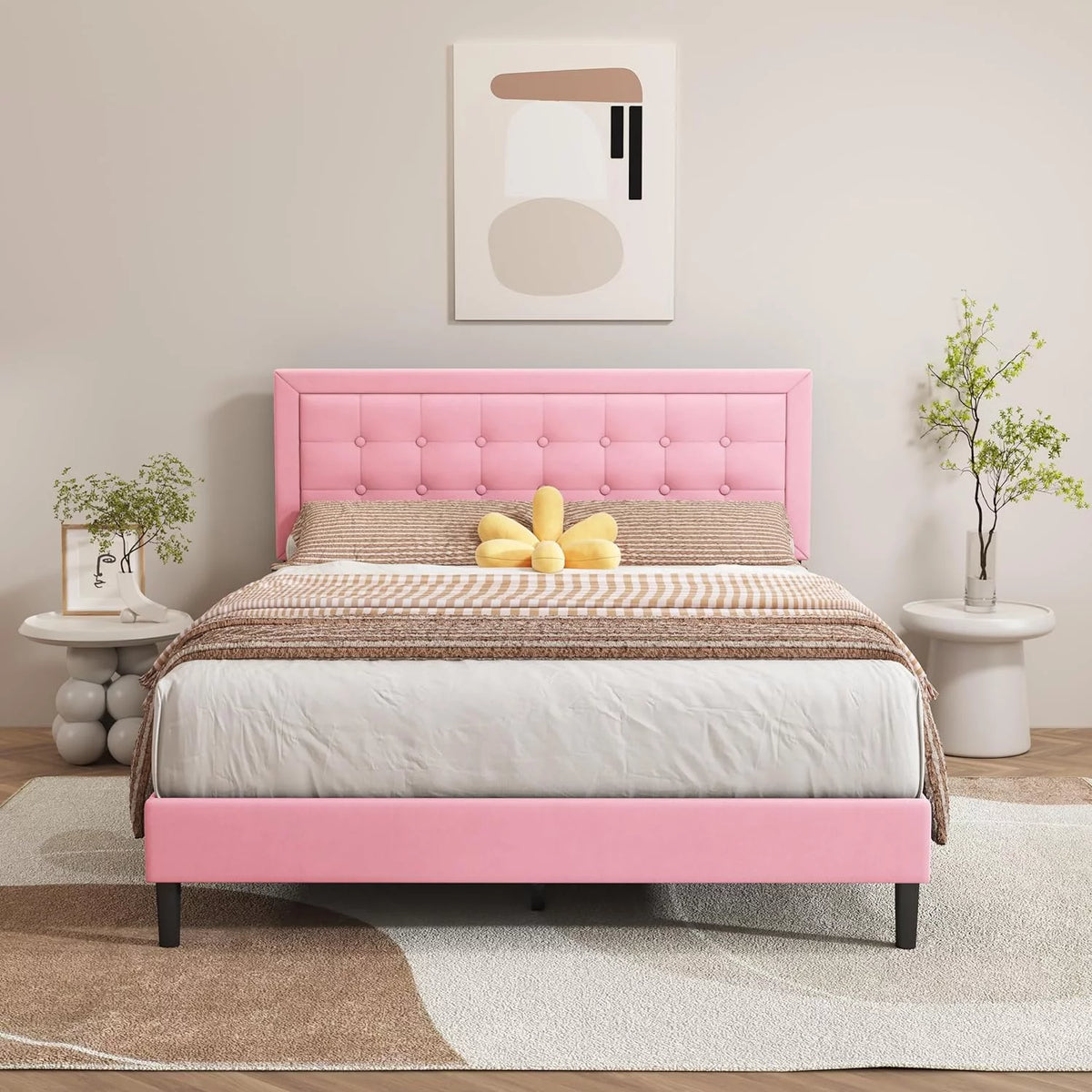 Velvet Upholstered Platform Bed Frame Queen Size with Button Tufting Headboard R67699