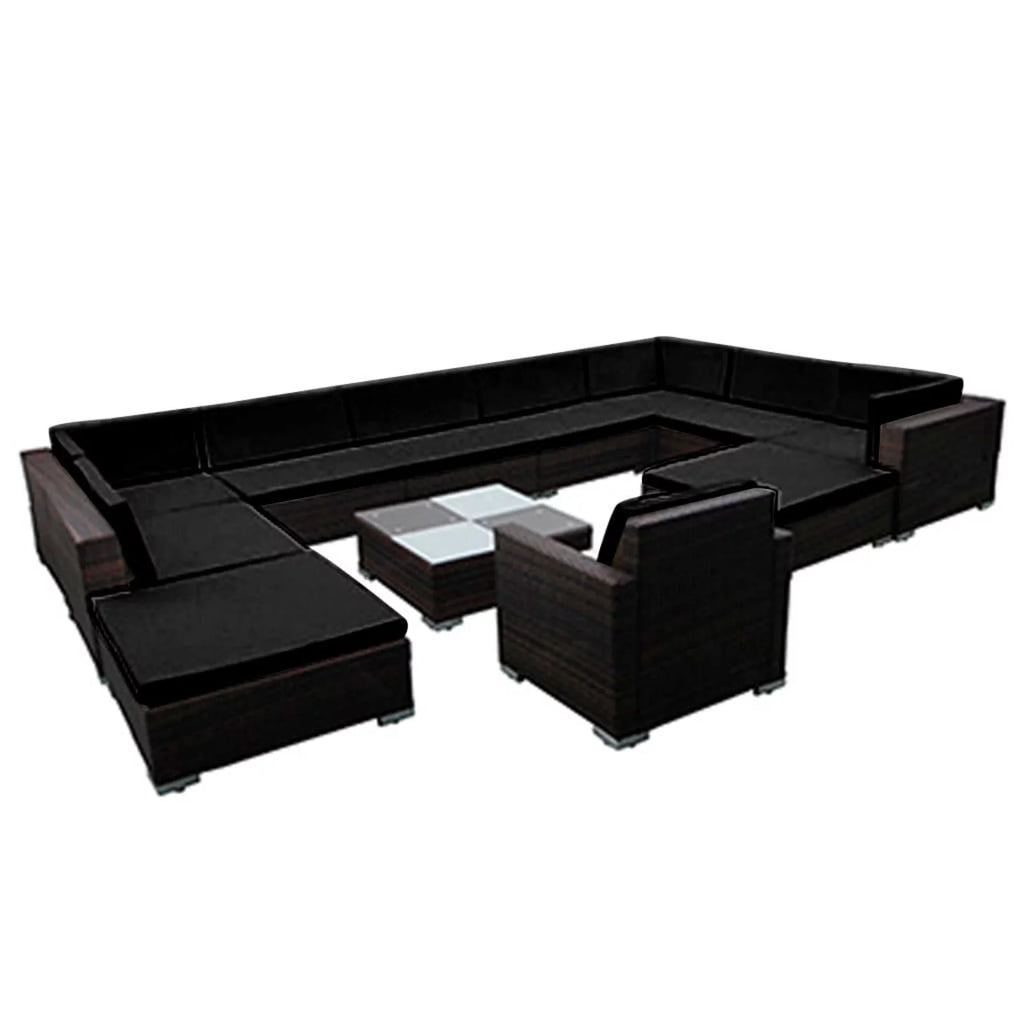 12 Piece Cushioned Patio Conversation Set with Ottomans and Tea Table Black Poly Rattan Q82657